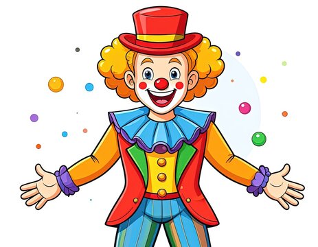 Smiling clown in colorful outfit standing.