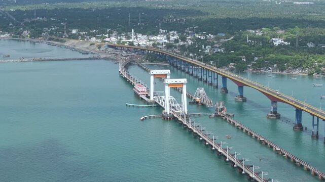 Aerial View of Pamban Bridge and Railway Bridge in Rameswaram Tamil Nadu India