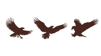 Fototapeta premium Three dark silhouette eagles in flight poses with wings spread white background graphic design animal silhouette bird silhouette