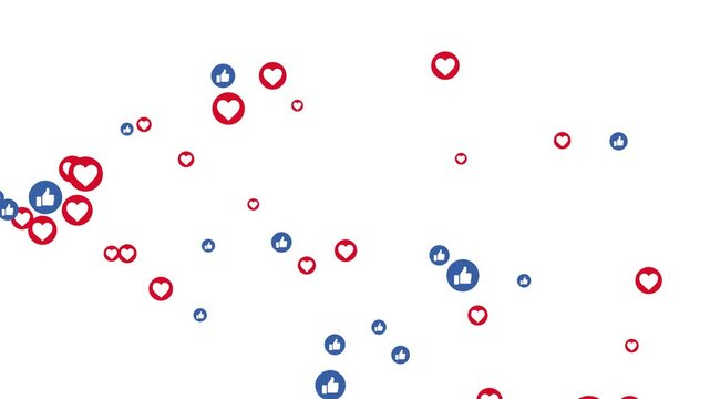 Floating animation Social media symbols like and love icon animation flying moving upwards direction. Live streaming social media hearts and like animated 4k footage