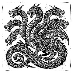 Fototapeta premium An intricate black and white illustration of multiple dragons with detailed patterns.