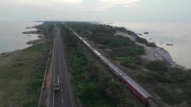 Aerial View of Pamban Bridge and Railway Bridge in Rameswaram Tamil Nadu India