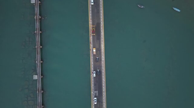 Aerial View of Pamban Bridge and Railway Bridge in Rameswaram Tamil Nadu India