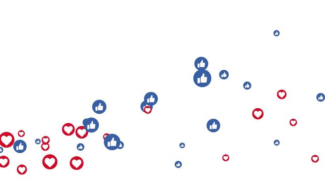 Floating animation Social media symbols like and love icon animation flying moving upwards direction. Live streaming social media hearts and like animated 4k footage