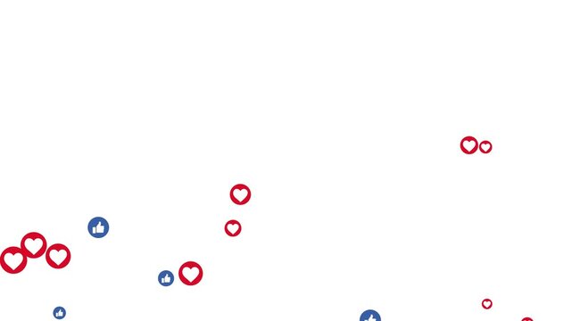 Floating animation Social media symbols like and love icon animation flying moving upwards direction. Live streaming social media hearts and like animated 4k footage