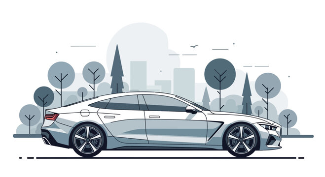 Modern White Sedan Car Driving in City with Trees and Buildings, Sleek Automotive Design
