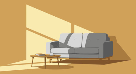 Fototapeta premium Modern living room with sofa, small table, and warm sunlight streaming through window.