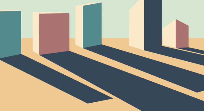 Abstract Geometric Architecture with Long Shadows, Minimalist Cityscape, Pastel Colors