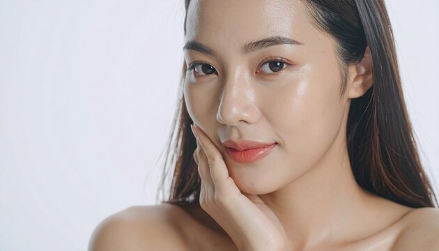 A digitally created, AI-generated portrait of a beautiful young Asian woman with clean, radiant skin gently touching her face with her hand. The image evokes themes of skincare, beauty, self-care, and