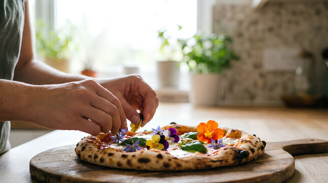 Chef decorating artisanal pizza with fresh edible flowers in kitchen, food styling concept