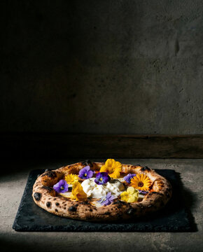 Premium neapolitan pizza topped with fresh burrata cheese and colorful edible flowers, dark moody lighting