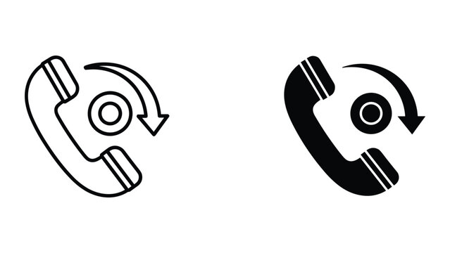 Vector illustrations of black line and solid phone icons with circular arrow for call transfer or redirect concept isolated on white background