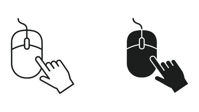 Black and white line art and solid icons of hand pressing computer mouse button isolated on white background