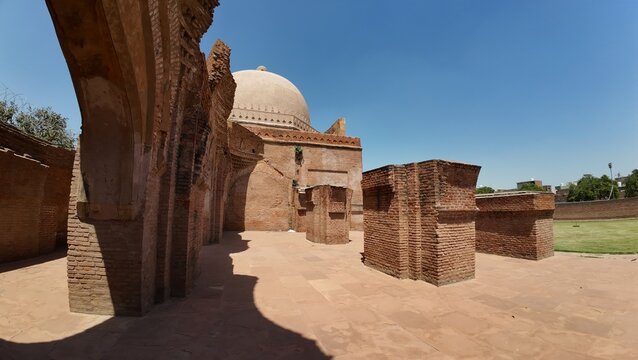 Close-Up of Ancient Crumbling Walls and Exposed Old Masonry at the Mughal Era Kabuli Bagh Mosque Heritage Site Built by Babur