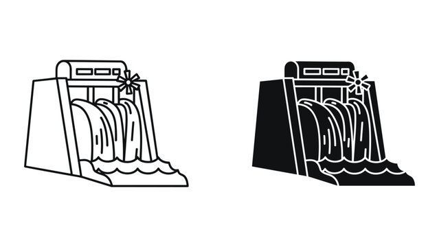 Vector illustration of a dam with water flowing over it in black and white line art on white background