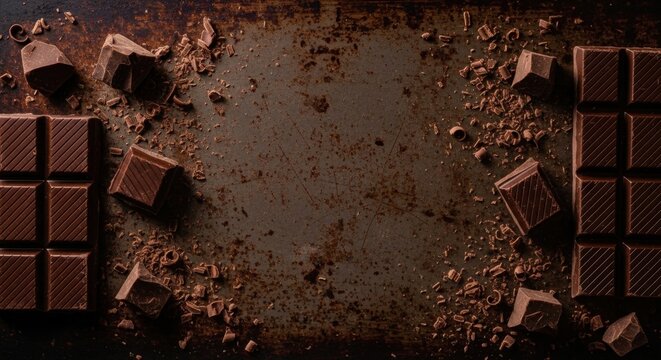Rich dark chocolate bar pieces and cocoa shavings scattered across a textured brown surface