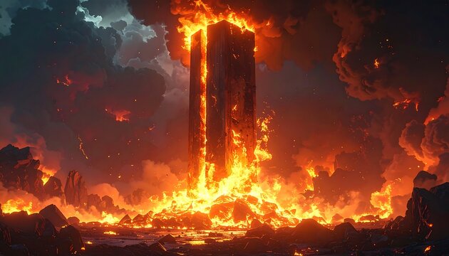 Towering Fiery Monolith Rising in Volcanic Lava Landscape