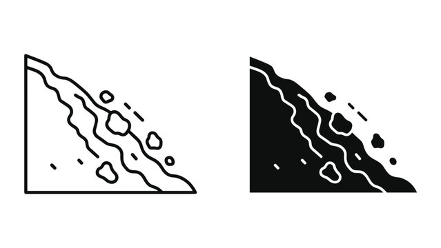 Black and white line art illustrations of a landslide or rockslide with wavy lines and rocks isolated on white background