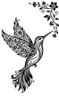 An illustrative hummingbird sips nectar from a flower with leaves and decorative swirls in mid-air.