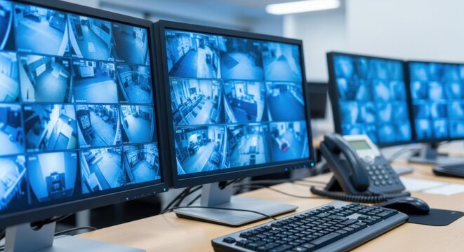 Security monitoring center displaying multiple CCTV camera footage feeds on screens