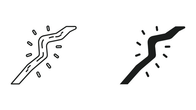 Black and white line art of two wavy road icons with dashed lines and motion blur isolated on white background