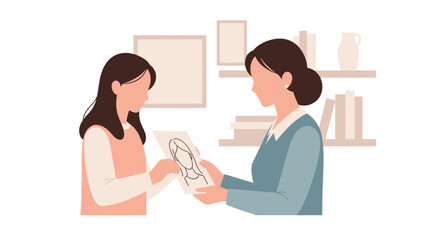 Fototapeta premium Mother showing daughter's drawing to teacher in classroom