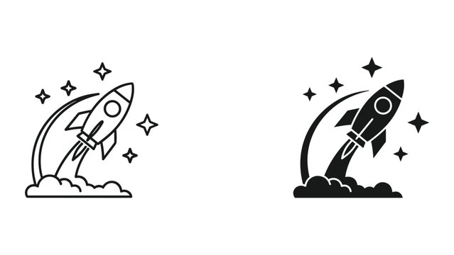 Two black and white rocket ship icons with stars and clouds in a simple line style