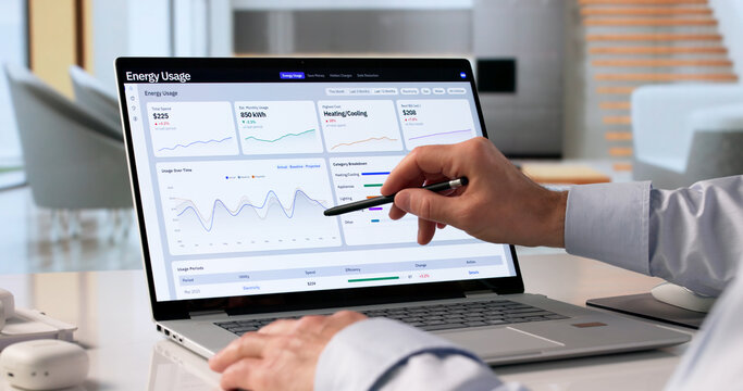 Man Reviews Real-time Energy Data On Laptop