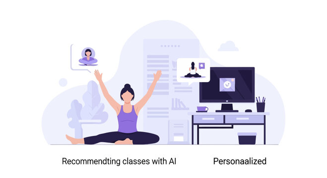 Woman doing yoga at home, personalized online class recommendation by AI