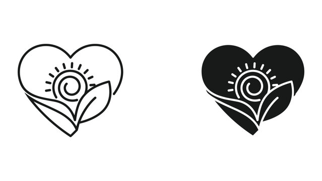 Black and white heart shaped flower logo with sun and leaves isolated on white background