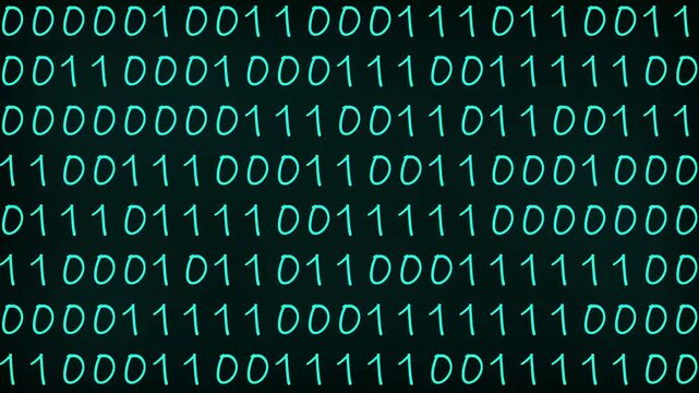 Glow white binary digital code black background with randomly changing zeros and one.