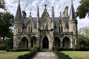Obraz premium Gothic victorian mansion standing on a lush estate with sharp focus and symmetrical composition for historical architectural marketing