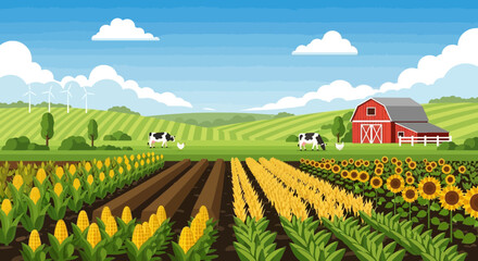 Vibrant farm landscape with corn, sunflowers, cows, and red barn under blue sky. © Dayat