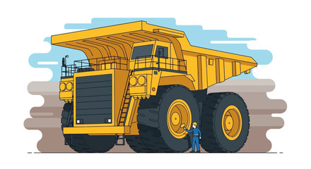 Giant Yellow Mining Dump Truck with Tiny Worker, Heavy Machinery Illustration © Dayat