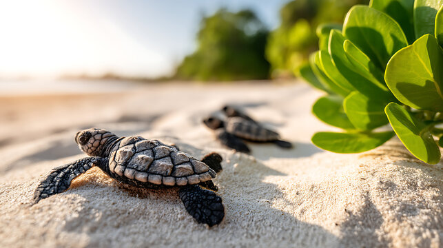 Baby sea turtles heading toward the ocean in warm golden light, clean sandy background emphasizing their journey to the sea.