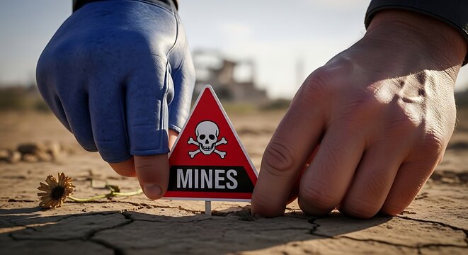 Person Placing a Red Landmine Warning Sign on Dry Cracked Ground in a Danger Zone.