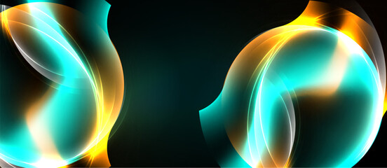 Naklejka premium Bright abstract shapes glow. Turquoise, gold colors blend, creating dynamic visual effect. Dark background emphasizes luminosity.