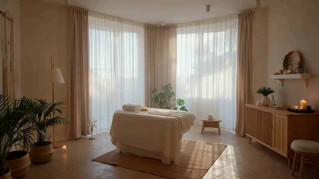 Serene spa room with massage table, soft lighting, and indoor plants