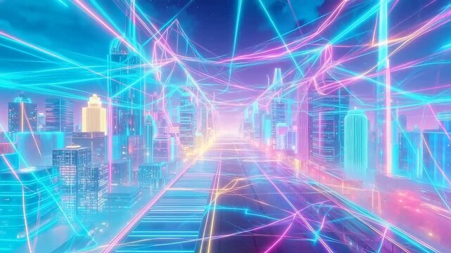 Neon-lit futuristic cityscape with glowing geometric lines and digital architecture