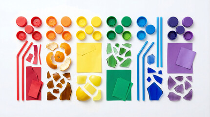 Fototapeta premium Color sorted waste materials arranged in rainbow layout, recycling and ecology concept