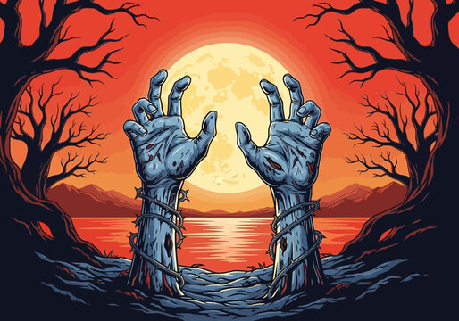 zombie hands emerging from ground towards full moon.
