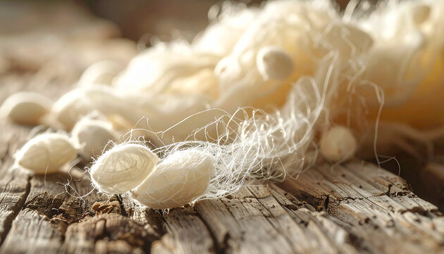 Close up of silk cocoons on wood textured surface with selective focus