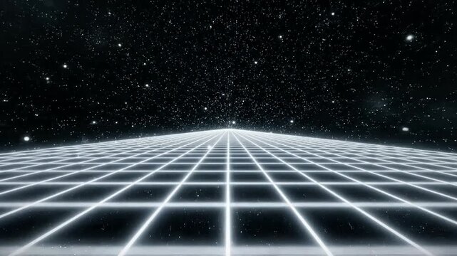 Glowing grid lines stretch into a starry night sky perspective