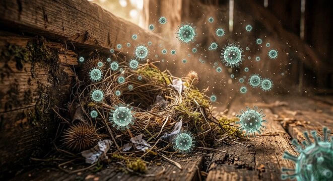 Conceptual illustration of hantavirus disease transmission with rodent host and airborne virus pathogens