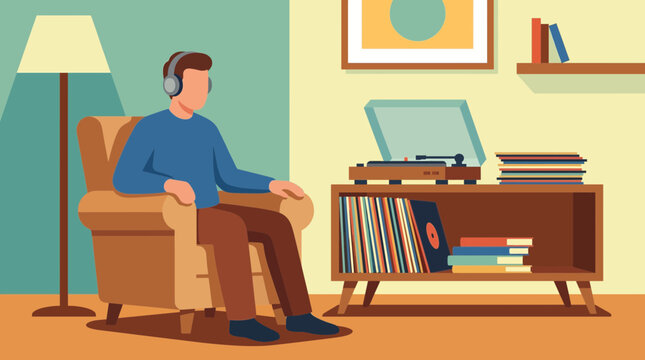 Man listening to vinyl records on turntable
