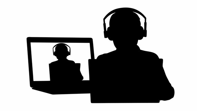 Black silhouette vector of student attending virtual class on laptop