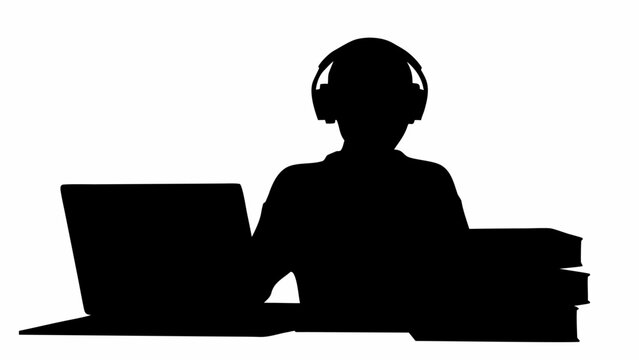 Black silhouette vector of a student attending virtual class with laptop and books