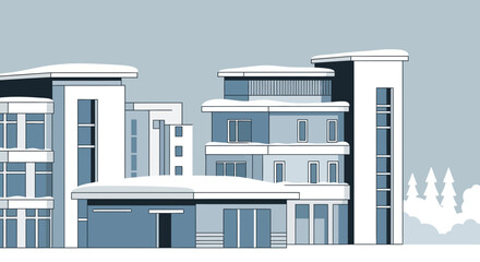 Modern Buildings Covered in Snow, Winter Cityscape Illustration © Drian
