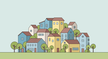 Fototapeta premium Charming Cartoon Village with Colorful Houses and Green Trees, Simple Flat Design