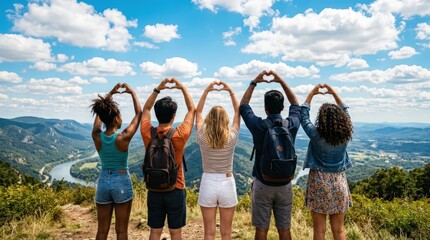 Obraz premium Diverse Friends Making Heart Shapes Together Under Blue Sky Friendship Unity Lifestyle Scene